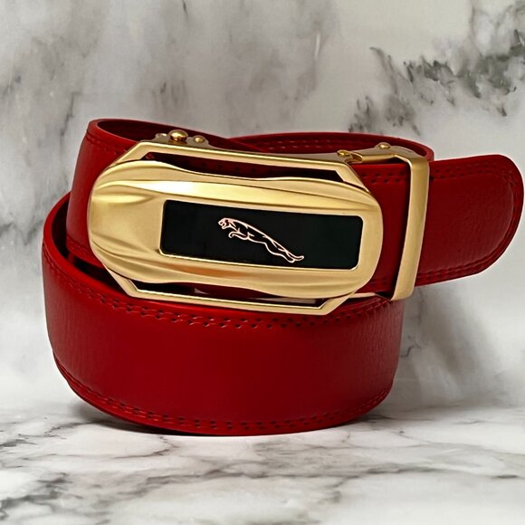 Red Belt‎ Men’s Women's Genuine Leather Ratchet Dress Belt With Automatic Buckle - Picture 1 of 2